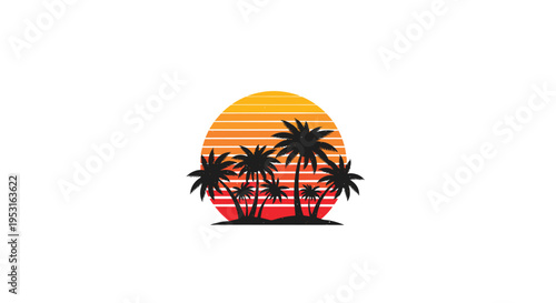 Silhouettes of seven palm trees are clustered against a striped orange and red sunset disc on a white background.