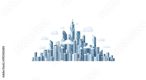 A stylized city skyline displays a dense cluster of numerous modern skyscrapers and buildings with clouds against a clean white background.