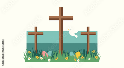 Three wooden crosses stand on a grassy hill with Easter eggs and a flying white dove against a serene blue sky.