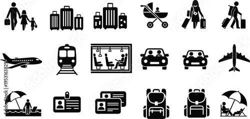 Travel and tourism icon set with family luggage airplane train car backpack beach vacation symbols silhouette vector illustration collection for journey planning design