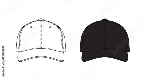 A vector illustration displays two baseball caps, one white outline and one solid black, on a clean white background.