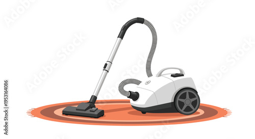 A white canister vacuum cleaner with a grey hose rests on a round orange rug.