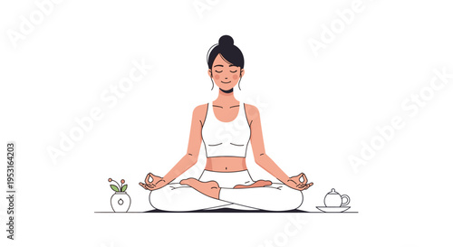A smiling woman meditates in a lotus position with a plant and a teapot on a white background.