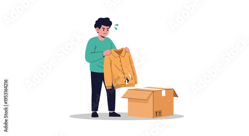 A man holds up a torn yellow jacket next to an open cardboard box on a white background.