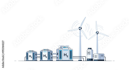 Two wind turbines generate power for multiple hydrogen storage tanks connected by pipes on a white background.