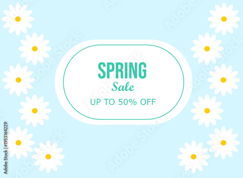 Spring sale banner with daisies and the inscription "Spring Sale. Up to 50% off"