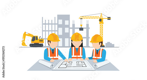 Three construction workers, two men and one woman, review blueprints at a table with an excavator, crane, and building in the background.