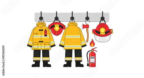Firefighter gear, including two suits, two helmets, an axe, and a fire extinguisher, hangs on hooks against a white background.