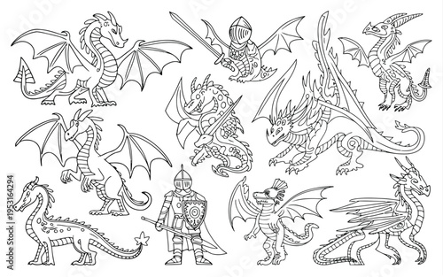 Diverse collection of mythical dragon and creature line drawings in various poses Vector