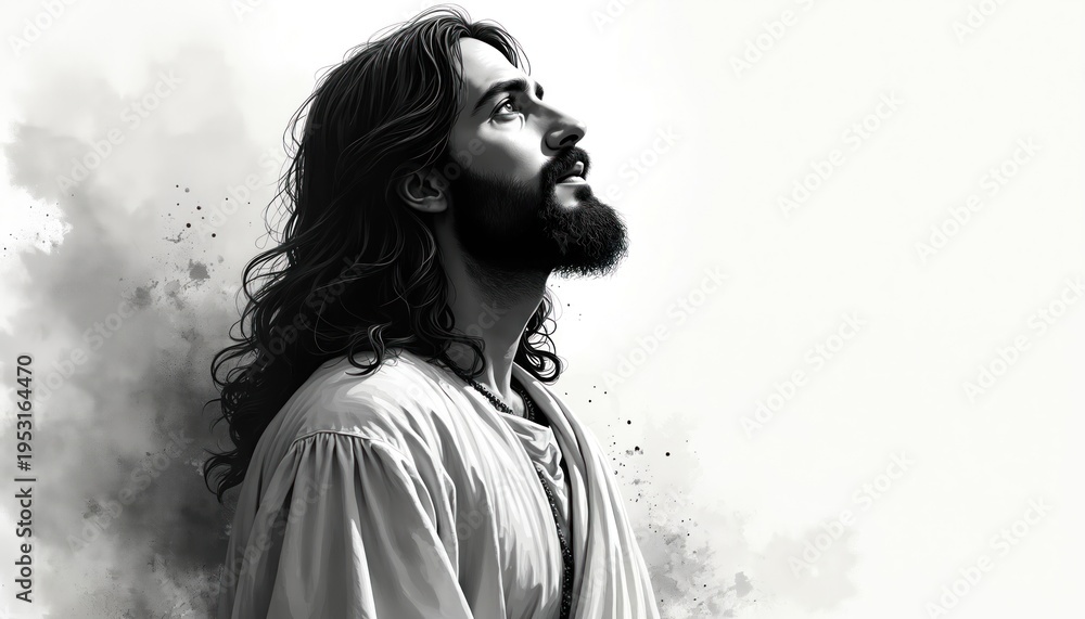 Fototapeta premium Jesus Christ portrait looking upward. Hand drawn illustration black white silhouette. Religious figure contemplation, divine inspiration or prayer, spiritual journey, faith symbol, hope concept.