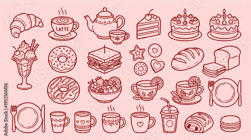 Detailed vector illustration of various breakfast foods and drinks on pink background with red outlines
