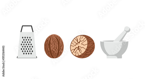 A metal grater, two whole nutmegs, one split nutmeg, and a white mortar with a pestle are arranged horizontally.