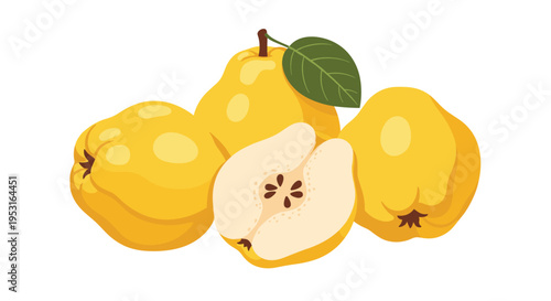 A cluster of four ripe yellow quinces, one cut in half revealing seeds, is arranged with a green leaf on a white surface.