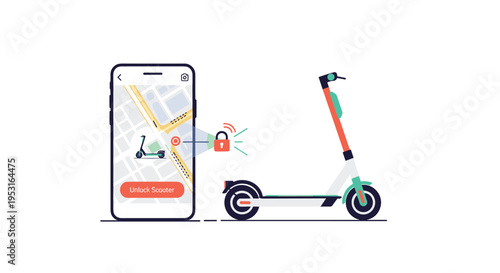 A smartphone displays a map with a scooter location and an unlocked padlock icon next to a modern electric kick scooter.