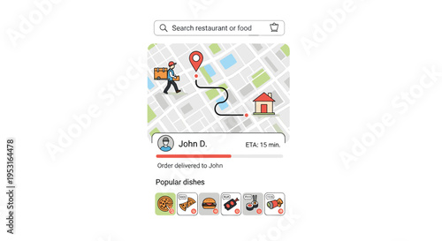 A smartphone displays a food delivery app with a map, delivery tracking, and popular dish icons on a white background.