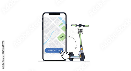 A finger taps an Unlock Scooter button on a smartphone displaying a map next to an electric kick scooter with a QR code.