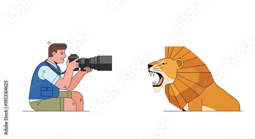 An illustration shows a wildlife photographer kneeling and aiming a large camera at a roaring lion on a white background.