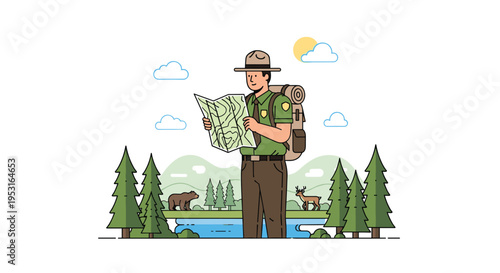 An illustration shows a park ranger or hiker examining a map in a natural landscape with pine trees, a river, a bear, and a deer.