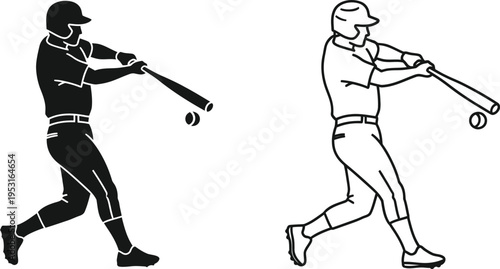 Baseball Player Hitting Ball Silhouette Icon Set Vector