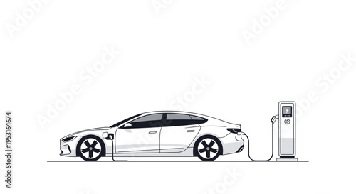 A minimalist illustration displays a white electric car charging at a modern grey charging station on a white background.