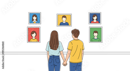 A couple holding hands stands, looking at five framed portrait images on a plain white wall.