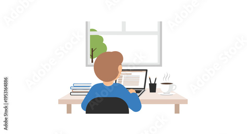 A person sits at a wooden desk with a laptop, books, and a coffee cup, looking out a window.
