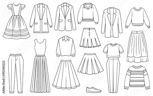 Vintage-style children's dresses and coordinated outfits collection illustration Vector