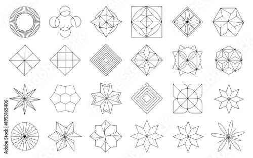 Geometric patterns featuring symmetrical star and polygon designs with radial lines Vector