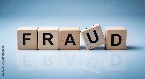 Fraud - wooden blocks spelling the word with one block tilted, indicating deceit and illegal activity in a blue setting, blue background