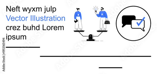 Business strategy, teamwork, communication, equality, decision-making, collaboration. Two people balancing on scales, discussing ideas. Business strategy and teamwork illustration