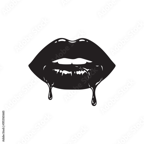 A captivating black silhouette of lips with a dark liquid dripping sensuously from them.
