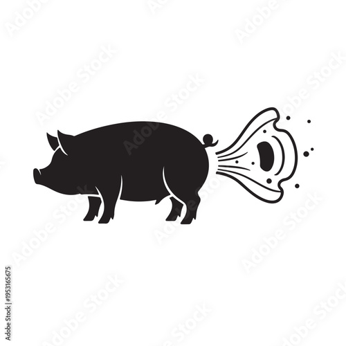 A humorous black silhouette illustration of a pig releasing a stylized cloud of flatulence.