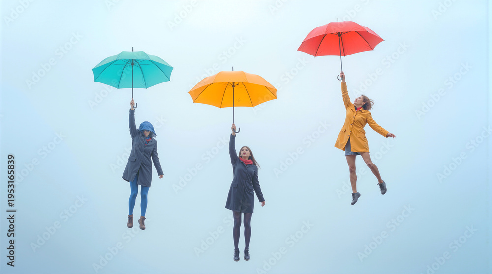 Fototapeta premium Women floating in foggy sky while holding colorful umbrellas. Surreal scene of people flying with teal, orange, and red umbrellas.