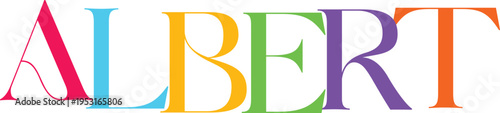 Colorful name albert in large serif font, each letter distinct color, transparent background