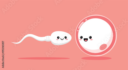 Cute Sperm and Egg Cartoon. Fertilization Concept. Funny Reproduction.
