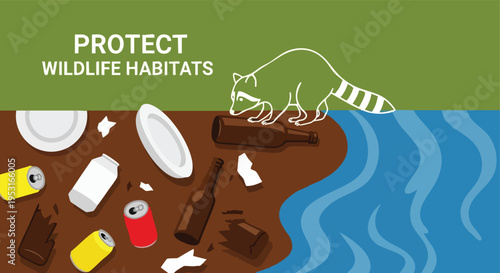 Protect Wildlife Habitats. Pollution. Trash. Raccoon.