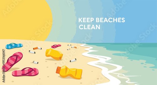 Beach Pollution: Littered Sand with Flip-flops and Plastic Bottles