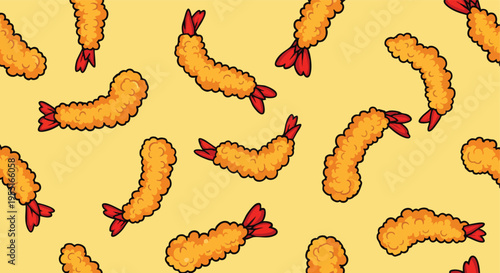 Fried Shrimp Seamless Pattern. Crispy Tempura Shrimp Background. Japanese Food Pattern.