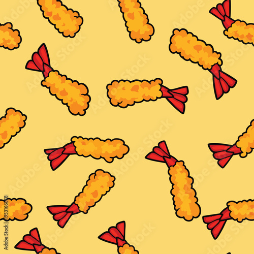 Fried Shrimp Seamless Pattern Background. Tempura Shrimp Food Pattern. Doodle Crunchy Tempura.