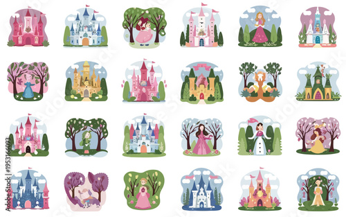 Whimsical collection of fairytale castles and enchanted kingdom scenes Vector