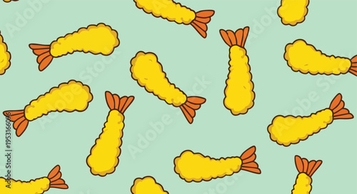 Tempura Shrimp Seamless Pattern. Fried Shrimp Background. Crispy Seafood Pattern. Doodle Style.