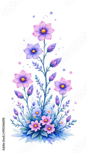 Purple and Pink Flowers Blooming with Green Leaves and Buds Watercolor Style