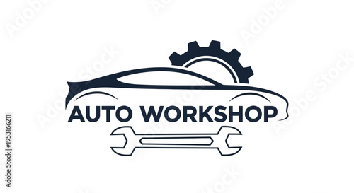 Auto Workshop Logo with Car Gear and Wrench Symbol.