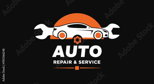 Automotive Repair and Service Logo with Car and Wrench.