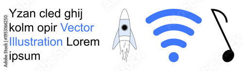 Technology, communication, internet access, music streaming, innovation, digital connectivity. Features a rocket, wireless signal and musical note. Technology and communication concept