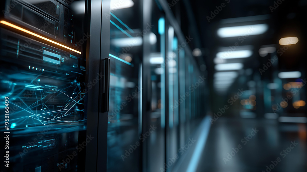 Naklejka premium Futuristic server room environment, advanced data center visualization, modern computing infrastructure, with copy space