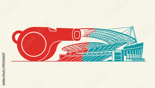 Abstract graphic showcasing a powerful whistle merging with the vibrant architecture of a football stadium, symbolizing the excitement and spirit of sports competitions