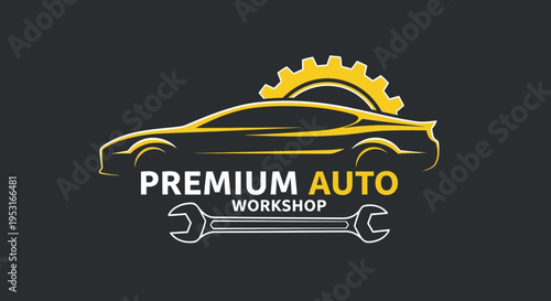 Premium Auto Workshop Logo with Car, Gear, and Wrench.
