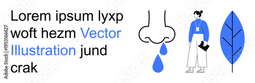 Healthcare, allergies, respiratory health, medical symptoms, seasonal conditions, wellness. Minimalist nose with drops, woman holding document leaf design. Healthcare and allergies visualization
