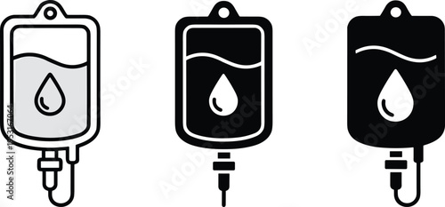 WebBlood Bag and IV Drip Icons Set in Outline and Silhouette Styles for Medical Healthcare Blood Donation Hospital Infusion Therapy